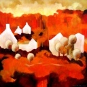 wit dorp in rood landschap